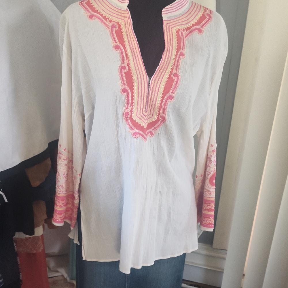 Coldwater Creek White Blouse with Pink Embroidery